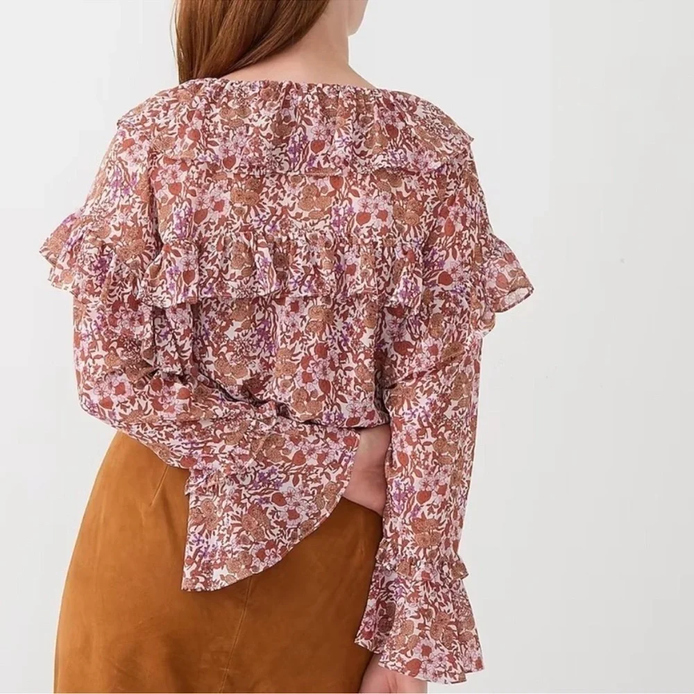 J. Crew Ruffle Crinkle Chiffon Top in Fête Floral Medium